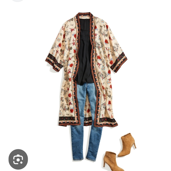 Max Studios Floral Kimono Jacket - Cream and Black Size S - Picture 1 of 6